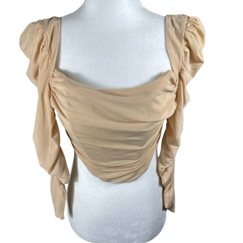 Tic Toc Taupe Corset Crop Top with Sheer Sleeves back zipper Size M NWT